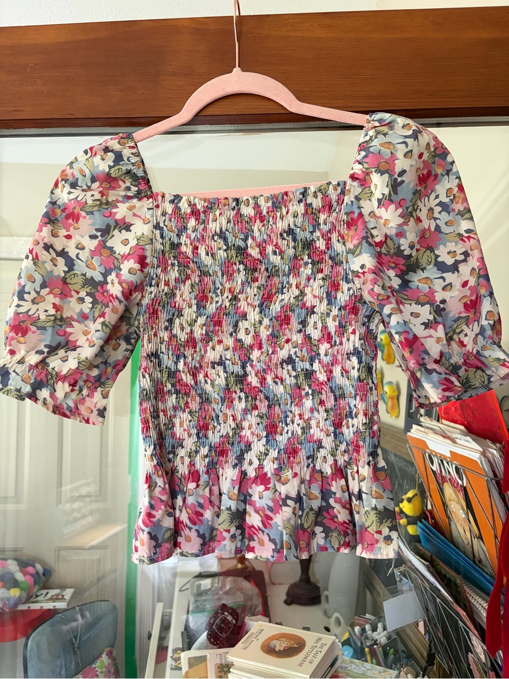 Floral Smocked Square-Neck Top in Pink